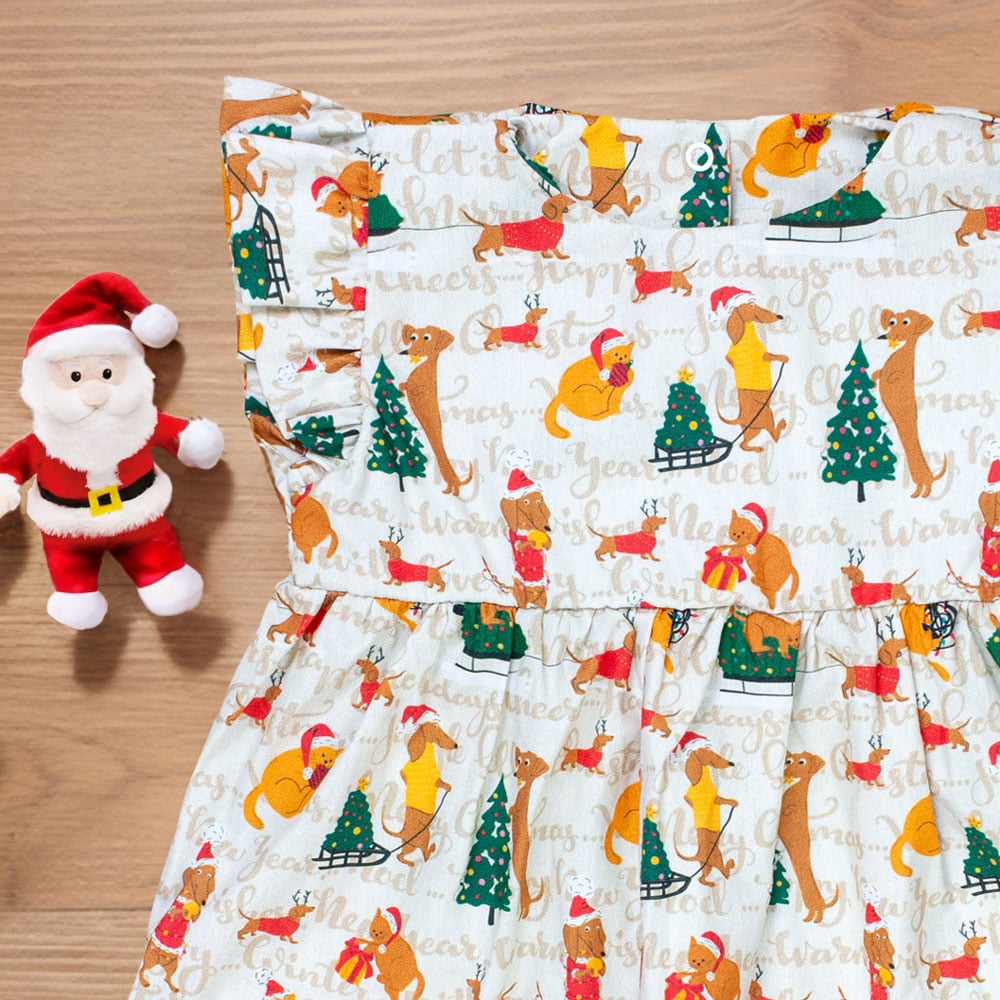 Vestido Para Bebê Tricoline Com Babado Natal Encantado Bege