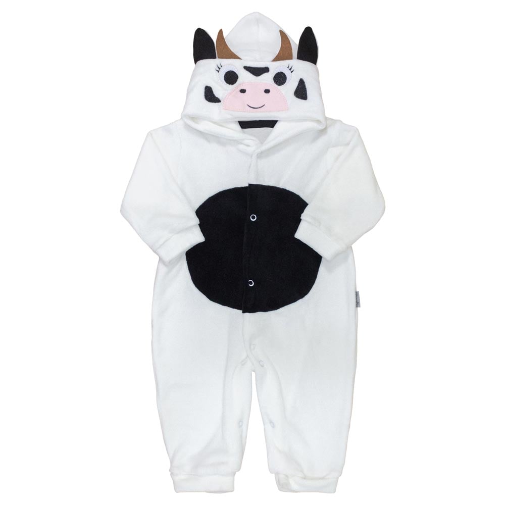 Macacão Para Bebê Em Plush Com Capuz Bordado Vaquinha Creme