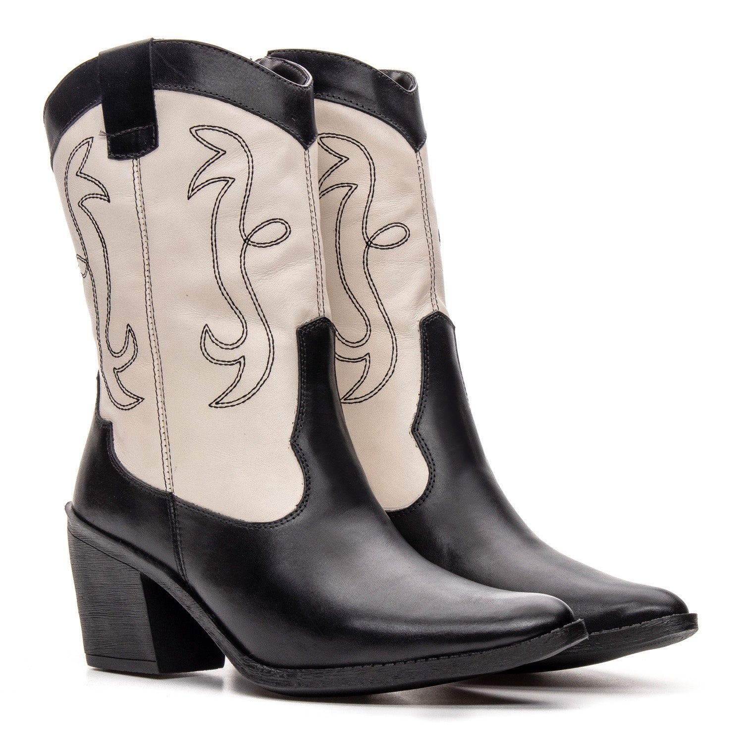 Bota Texana Feminina Bárbara Barros Couro Legítimo Preto e Off White Cano Médio
