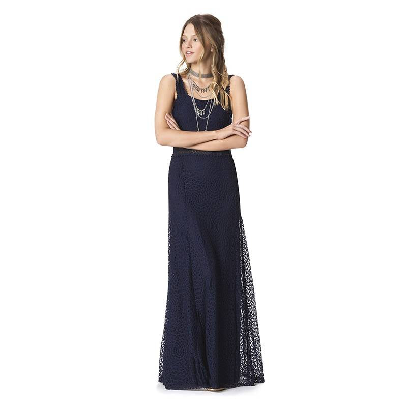 Vestido Longo de Renda Vitrine Collection Azul Marinho Festa com Vazado