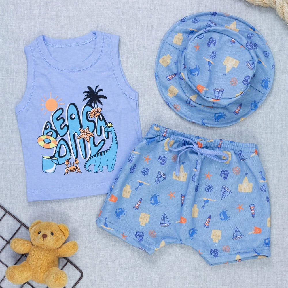 Kit Verão Bebê Regata Estampada, Bermuda E Chapéu Bucket