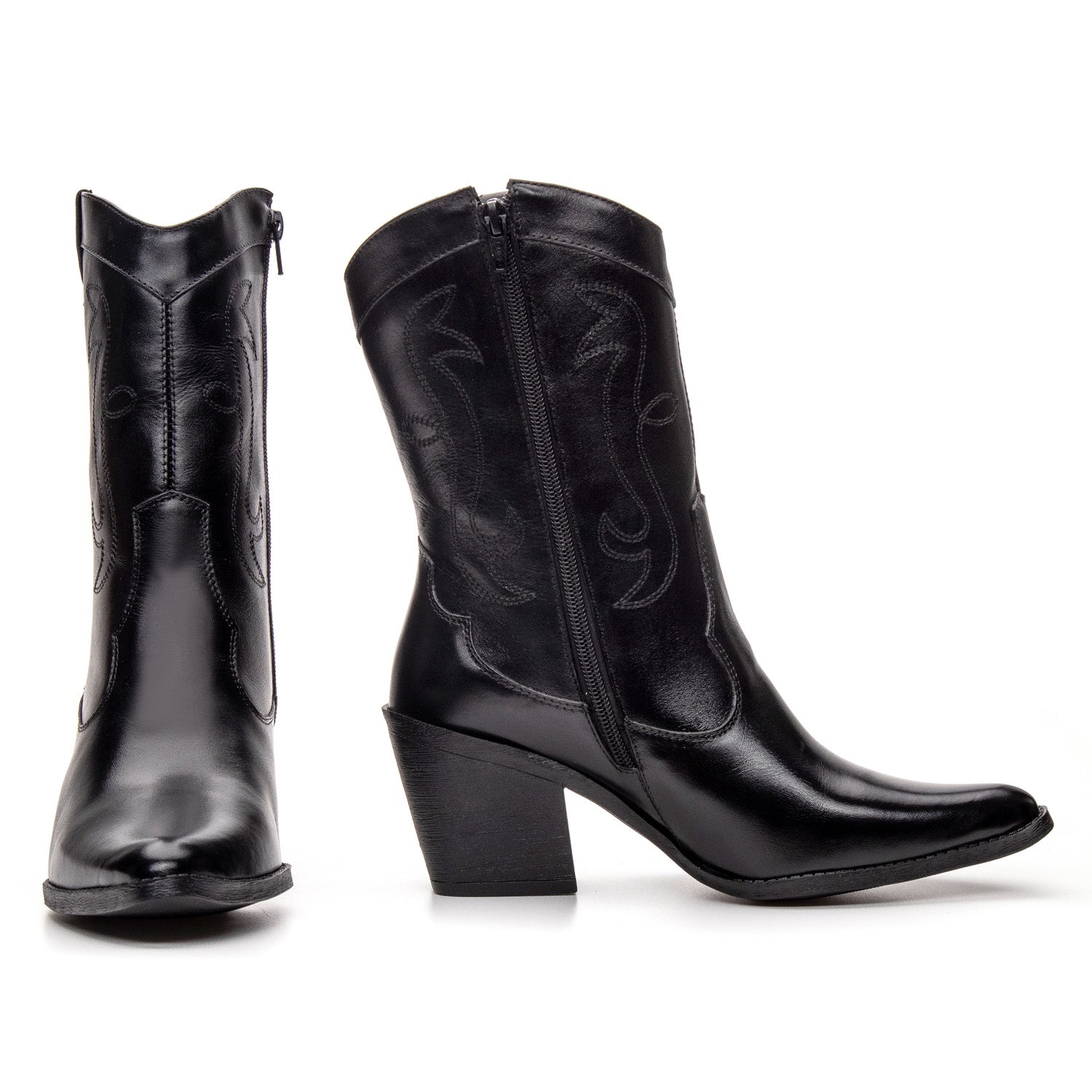 Bota Texana Feminina Bárbara Barros Couro Legítimo Preto Cano Médio