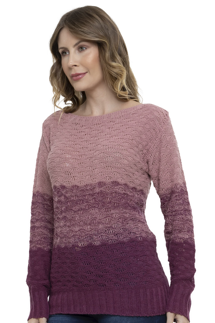 Blusa Tricot Manga Longa Relevo Tricolor