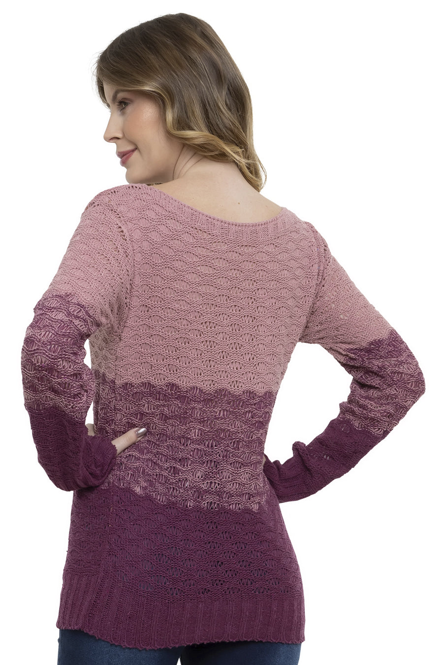 Blusa Tricot Manga Longa Relevo Tricolor
