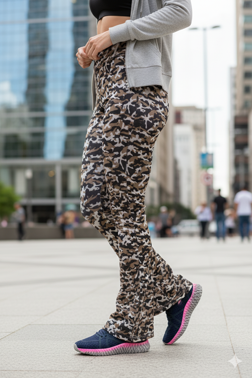 Calça Flare Crepe Cós Alto Estampa Militar