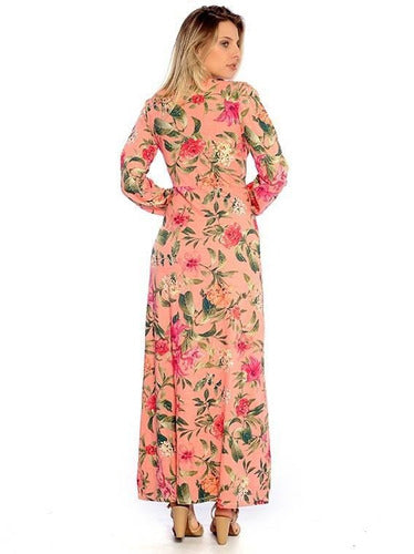 Vestido Longo Viscolycra Manga 3/4 Estampado Rosa