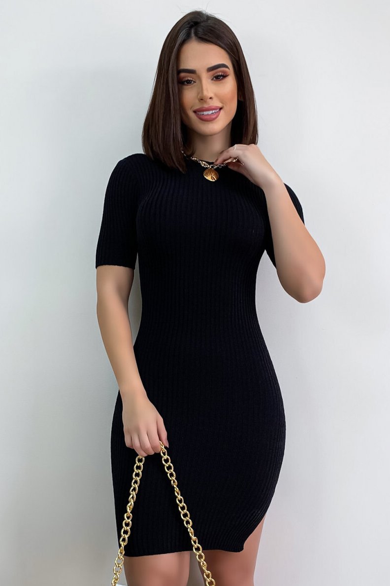 Vestido Midi Tubinho Tricô Modal Vitrine Collection com Fenda e Gola