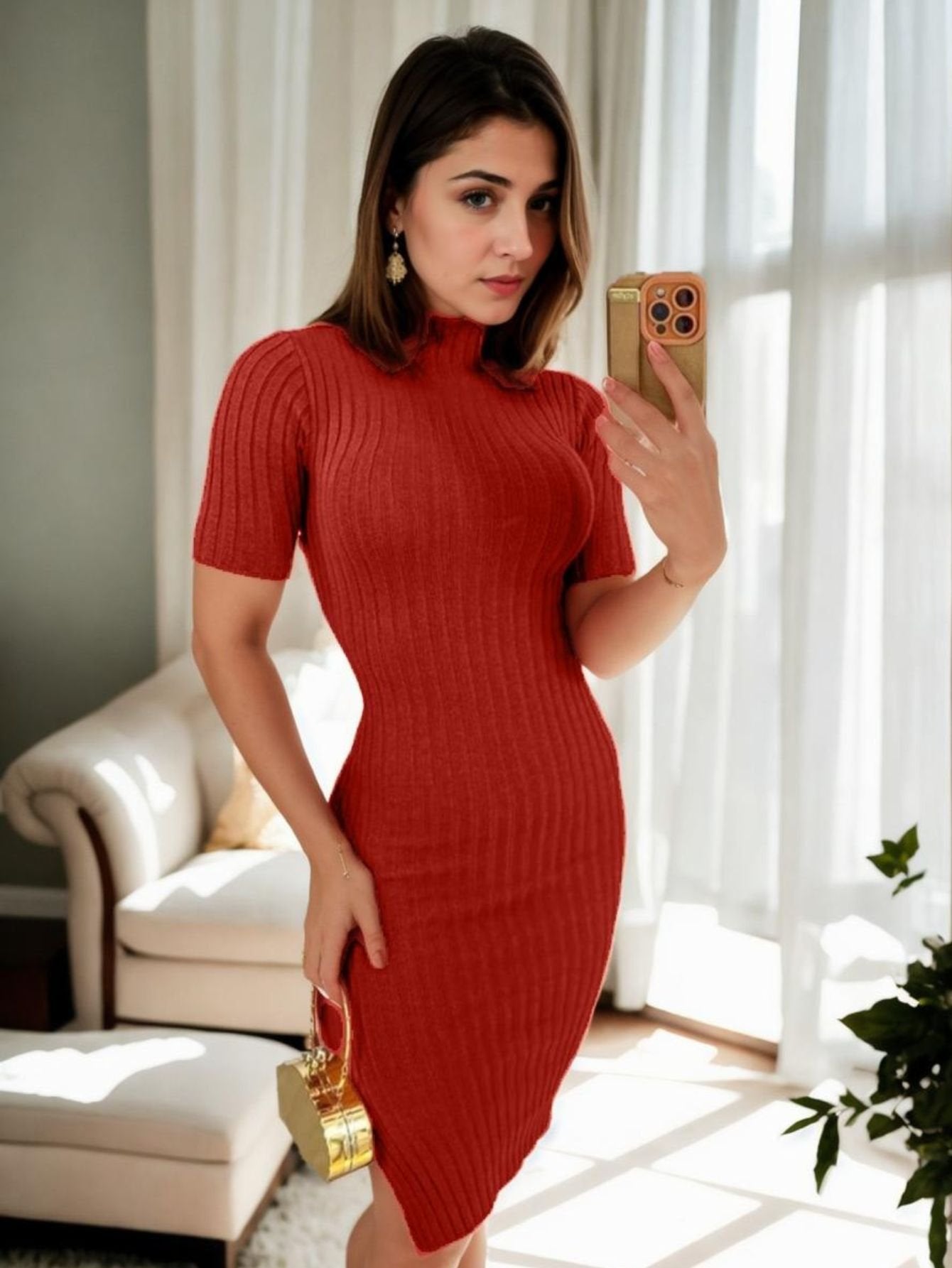 Vestido Midi Tubinho Tricô Modal Vitrine Collection com Fenda e Gola